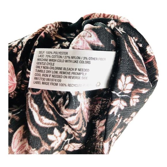 2167 Knox Rose Black Floral Lace Trim Tie Button Front Blouse Top Sz Large - Picture 7 of 10